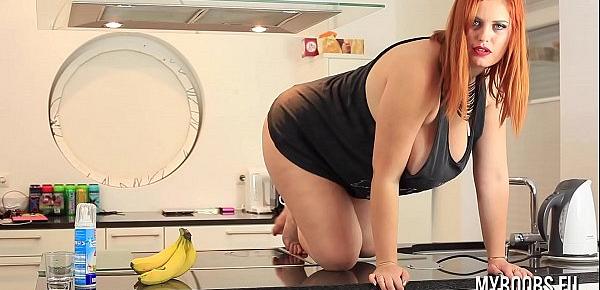  Busty Alexsis Faye housewife in kitchen play with banana and cream